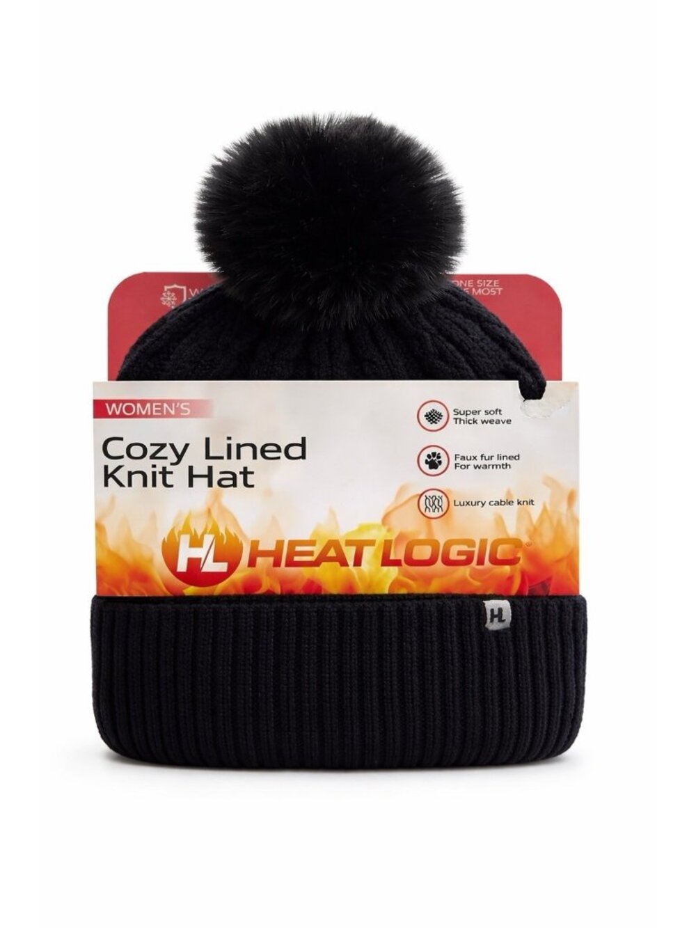 Heat Logic Women Cozy Lined Pom Pom Knit Hat Black OSFM new